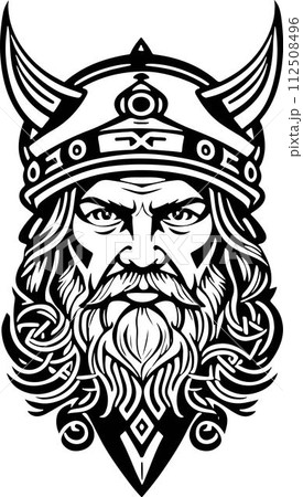 Fantastic line art style Viking head vector graphic template, Suitable for logo design, tattoo design or print on demand 112508496