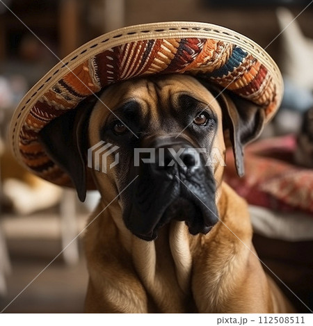 Fila Brasileiro dog wearing a national sombrero hat, funny cute pet, close-up portrait 112508511