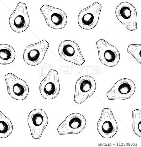 Avocado seamless Pattern. Vector background of food. Hand drawn isolated illustration in line art style. Botanical painting of Fruit or Vegetable. Drawing of ornament for fabrics and kitchen textiles. 112508652