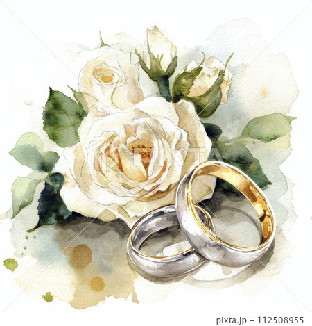 Watercolor bridal flowers and wedding rings on whtie background	Watercolor bridal flowers and wedding rings on whtie background 112508955