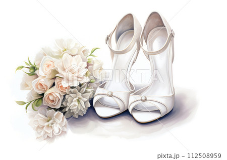 Watercolor bridal shoes and roses on whtie background Watercolor bridal shoes and roses on whtie background 112508959
