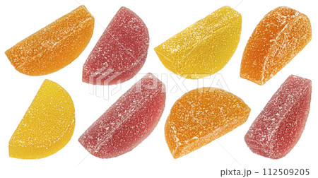 Orange and lemon marmalade candies, citrus jelly sweets isolated on white background with clipping path 112509205