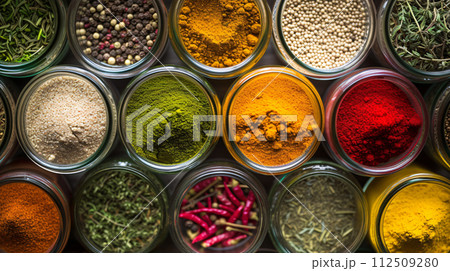 A composition of colorful italian spices in small glass jars forms a visually stimulating arrangement 112509280