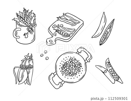 Black hand drawn doodle contour set of peas. Sketchy outline drawings of green vegetables for healthy eating on white background. Ideal for coloring pages, tattoo, pattern Black hand drawn doodle contour set of peas. Sketchy outline drawings of green vegetables for healthy eating on white background. Ideal for coloring pages, tattoo, pattern 112509301
