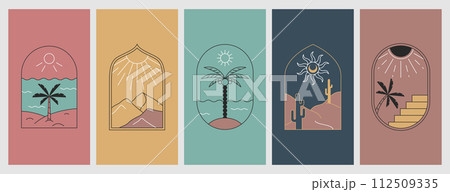 Vector linear boho emblem or travel logo with palm trees, sea beach and cactus Vector linear boho emblem or travel logo with palm trees, sea beach and cactus 112509335