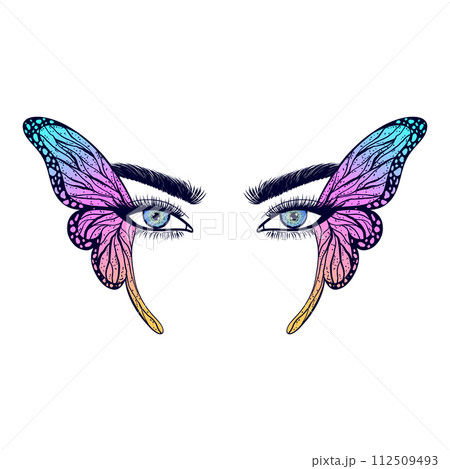Women's eyes decorated with butterfly wings. Women's eyes decorated with butterfly wings. 112509493