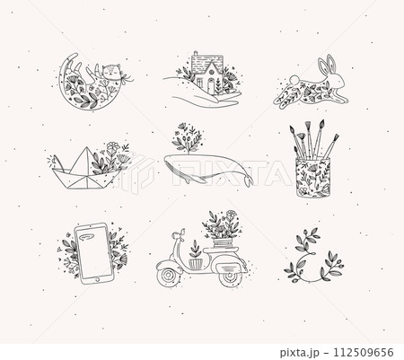 Floral hand-drawn elements black 112509656