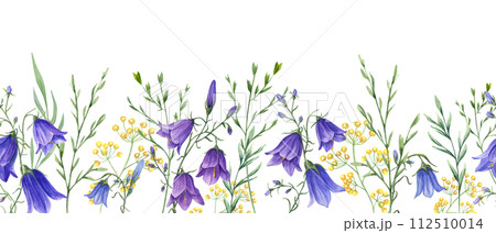 Floral seamless horizontal border with campanula, wild meadow plants. Blue, yellow flowers. Watercolor ornate with delicate hare bells. Panoramic illustration with summer herbs for fabric, textile 112510014