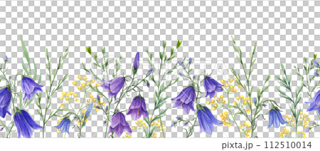 Floral seamless horizontal border with campanula, wild meadow plants. Blue, yellow flowers. Watercolor ornate with delicate hare bells. Panoramic illustration with summer herbs for fabric, textile 112510014