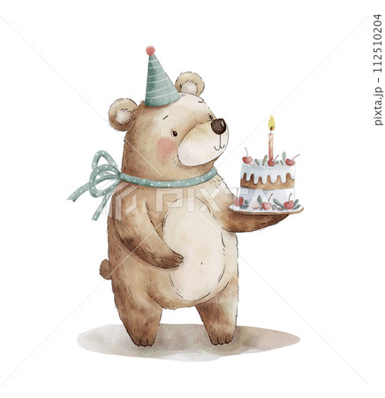 Cute bear with birthday cake. Watercolor illustration isolated on white background 112510204