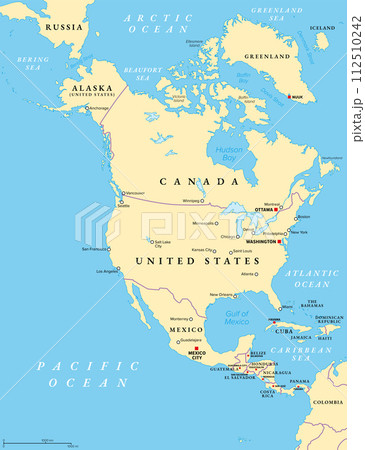 North America, political map. Continent bordered by South America, the Caribbean Sea, and by the Arctic, Atlantic and Pacific Ocean. The largest countries are Canada, the United States, and Mexico. 112510242