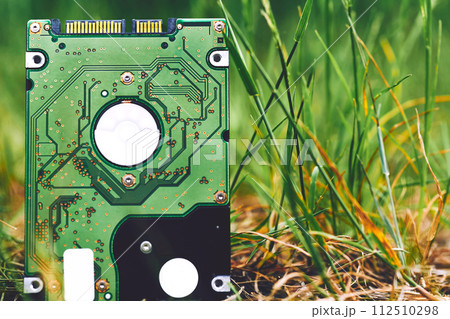 Green Internal hard drive for storing information on green grass Green Internal hard drive for storing information on green grass 112510298