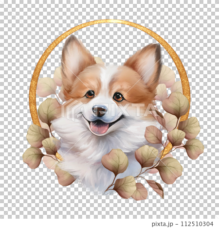 Funny corgi dog with autumn leaves. Floral animal illustration 112510304
