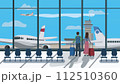 Passengers waiting in airport terminal with Luggage and backpack while waiting for the flight.  Vector Illustration of Airport Lounge. Travel, tourism, flying concepts 112510360