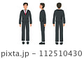 Vector illustration of a professional businessman from three distinct angles: frontal, side, and rear. The character has dark suit, white shirt, and a red tie.  112510430