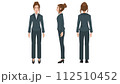 Vector illustration of a professional businesswoman from three distinct angles: frontal, side, and rear. The character has dark suit and white shirt. 112510452