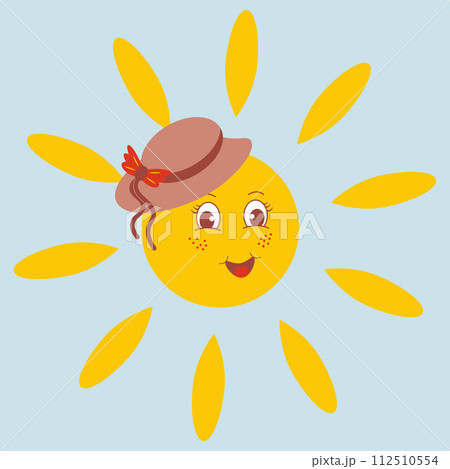 Vector Funny Sunny in a hat with a bow Summer has come Cartoon style 112510554