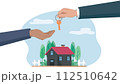 A vector illustration of a hand giving a house key to another, with a home background signaling property ownership transfer. 112510642