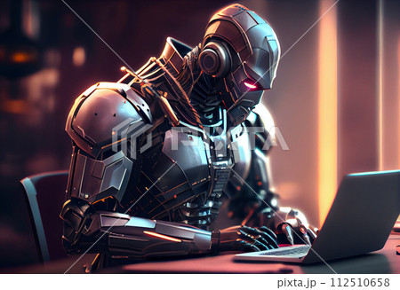 3d rendering humanoid robot working on laptop computer 112510658