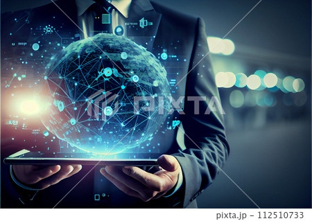 Man holding virtual globe with marketing network Man holding virtual globe with marketing network 112510733