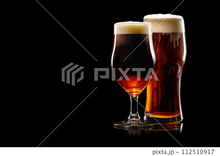 Set of Beer glasses on a black background. Mugs with drink like Ipa, Pale Ale, Pilsner, Porter or Stout 112510917