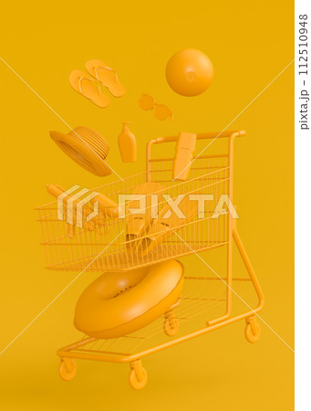 Colorful beach accessories and shopping trolley on monochrome background. Colorful beach accessories and shopping trolley on monochrome background. 112510948