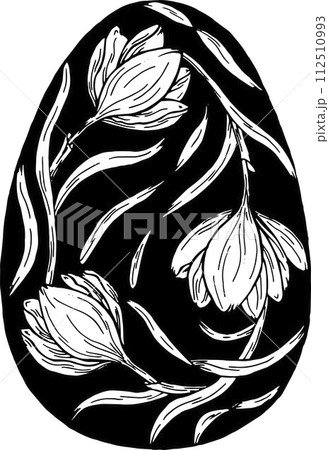 Easter egg with a picture of spring crocus flowers. Easter symbol in botanical graphic style. For banner, flyer, brochure. Object for holidays, cards, websites Easter egg with a picture of spring crocus flowers. Easter symbol in botanical graphic style. For banner, flyer, brochure. Object for holidays, cards, websites 112510993