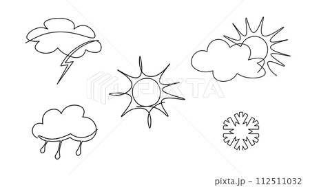 Continuous line sun cloud art. Single line sketch sunny summer travel concept. Icon cloudy sky weather happy holiday vacation element vector illustration 112511032