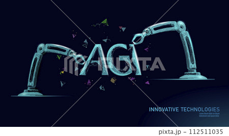 Artificial general intelligence robotic arms low poly letter symbols. Minimalist style AGI icon. Machine learning concept technology AI brain vector illustration Artificial general intelligence robotic arms low poly letter symbols. Minimalist style AGI icon. Machine learning concept technology AI brain vector illustration 112511035