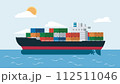 A vector illustration of a large cargo ship loaded with multicolored shipping containers sailing across the ocean. Cargo Ship Laden with Containers - Maritime Transportation of Goods. 112511046