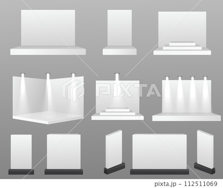 Scene show Podium for presentations. White exhibition stand with desk presentation room. Vector white blank geometric square. Presentation room display. White creative exhibition stand design. 112511069