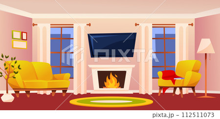 Living room interior with sofa, tv set. Vector illustrations of living room interior with different furniture items Living room interior with sofa, tv set. Vector illustrations of living room interior with different furniture items 112511073