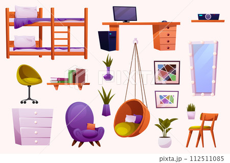 Teenager bedroom interior furniture and equipment for kid. Vector cartoon set of kid or teenager room interior with table, chair, wardrobe and nightstand 112511085