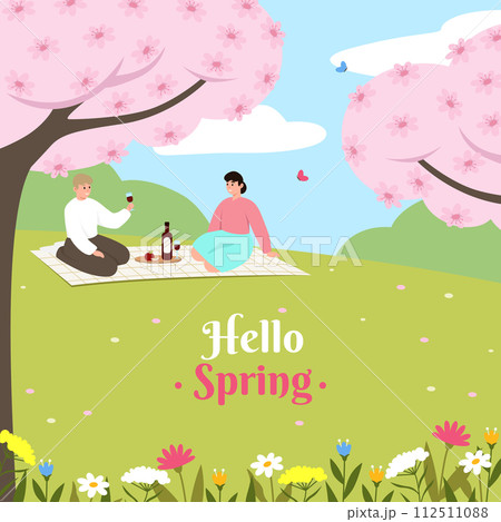 Hello Spring template. Happy family on picnic. Vector illustration EPS10 112511088