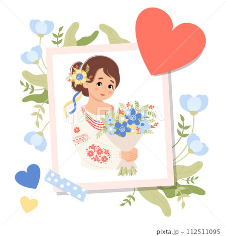 Portrait photo with Ukrainian girl in traditional national embroidered shirt with bouquet flowers. Cute female character for design festive birthday, Mother's day, Women's day. Vector illustration Portrait photo with Ukrainian girl in traditional national embroidered shirt with bouquet flowers. Cute female character for design festive birthday, Mother's day, Women's day. Vector illustration 112511095