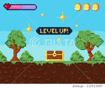 Pixel art game level up background. Retro 8 bit video game interface with Level Up text, computer game level up background. Win screen 112511097