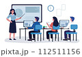 A Modern classroom scene with a teacher engaging a group of students. Students using computers and printed materials while the teacher employs a digital presentation. 112511156