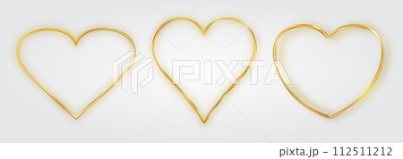 Thin gold heart frame set. Golden realistic heart border. Luxury symbol of love. 112511212