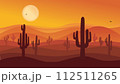 Desert landscape with cactus silhouettes and sunset. Scene of Serenity and Natural Beauty with warm hues of dusk. Vector illustration. 112511265