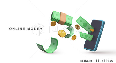 3D Realistic mobile phone with falling green dollar stack and gold coins. Vector illustration. 112511430