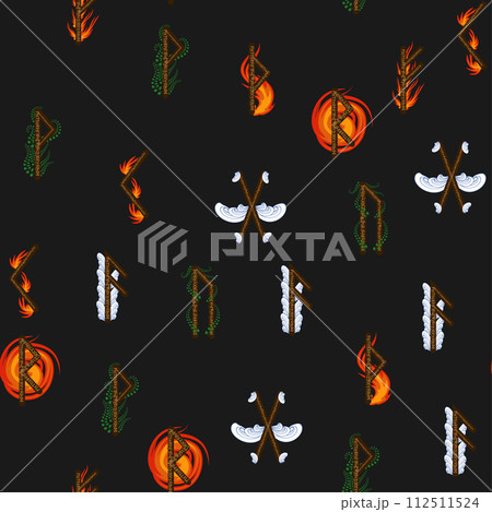 Hand drawn runic letters seamless pattern with elemental symbols. Magic signs and symbols of Scandinavian culture 112511524