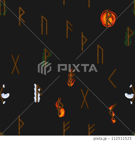 Hand drawn runic letters seamless pattern with elemental symbols. Magic signs and symbols of Scandinavian culture Hand drawn runic letters seamless pattern with elemental symbols. Magic signs and symbols of Scandinavian culture 112511525