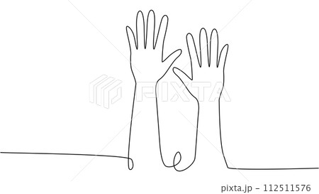 continuous single line drawing of a group of hands raised up. The concept of voting, elections 112511576