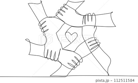 Continuous line of men giving high fives gesture hands to celebrate success. Business teamwork concept 112511584