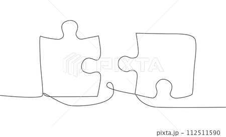 One line connecting puzzle pieces in one continuous line. Puzzle element. One line connecting puzzle pieces in one continuous line. Puzzle element. 112511590