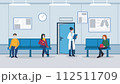 Vector illustration of a group of patients waiting doctor in hospital hall for a medical appointment. Medical healthcare background. 112511709