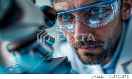 A male scientist wearing goggles and a lab coat is looking into a microscope. 112511846