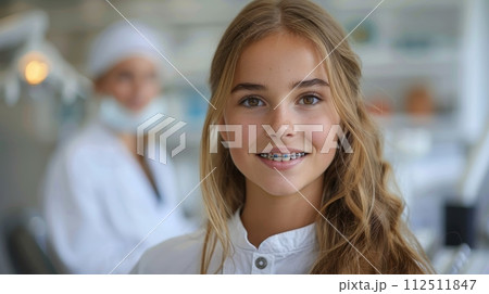 A young girl with braces is smiling at the camera 112511847