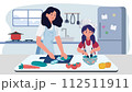 Mother and daughter preparing meal together in kitchen.They collaborate to cook. Vector illustration. 112511911