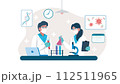 Two scientists working together in a well-equipped laboratory. Male and female professionals collaborate on a scientific experiment. Vector illustration.  112511965